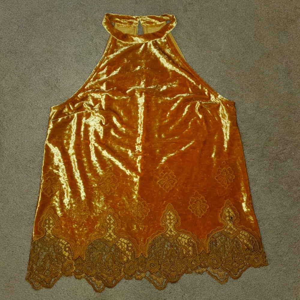 Altar'd State Golen Velvet Embroidered Halter Tank, M
